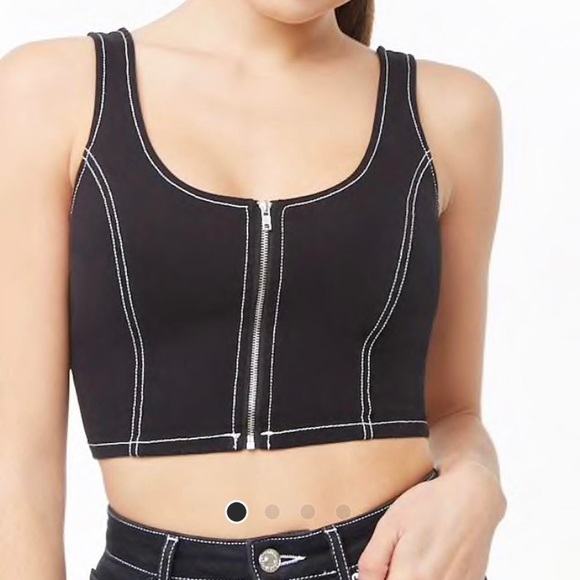 ❌F21 Topstitched Denim Zip-Front Cropped Top - Picture 2 of 12